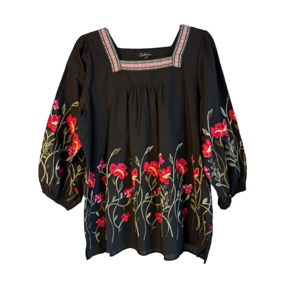 NWT Calessa Black Embroidered Red Poppy Cotton Square Neck Tunic Women’s Large - Picture 1 of 8